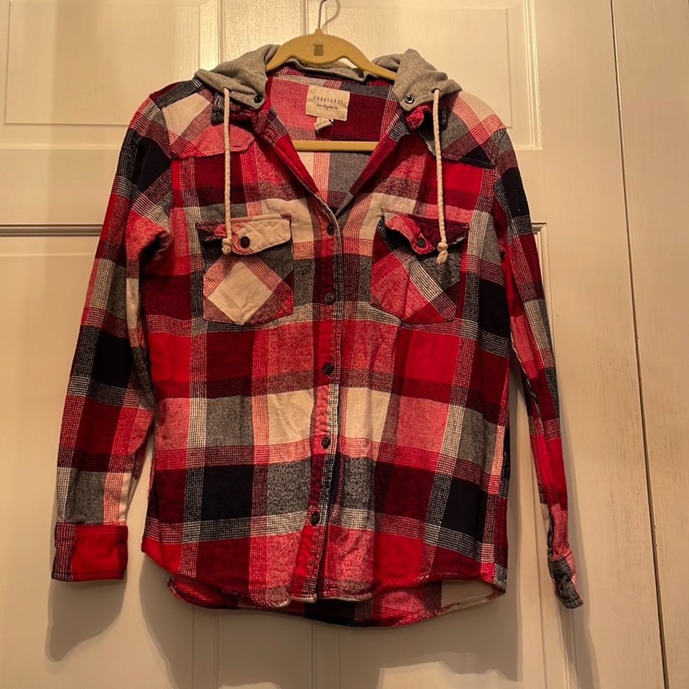F21 Plaid Shacket with detachable hood